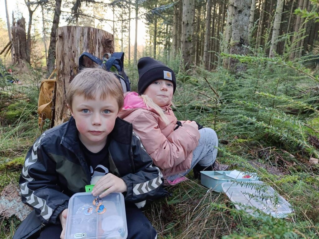 Børnene spiser madpakke i skoven